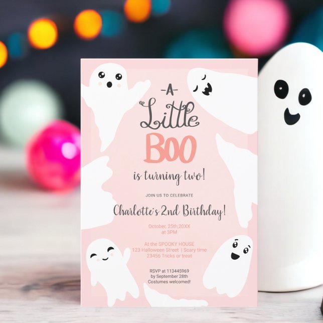 Invitación Halloween rosa niño de los fantasmas de boo 2º cum (Pink Halloween little boo ghosts kid 2nd birthday Invitation)