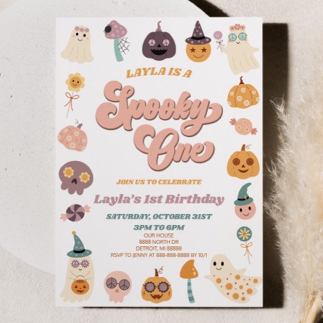 Invitación Halloween Rosa Retro Famoso Fiesta de primer cumpl (Subido por el creador)