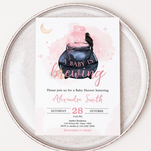 Invitación Halloween rosa: Un bebé se prepara Baby Shower (Witch Girl Baby Shower Invitation)