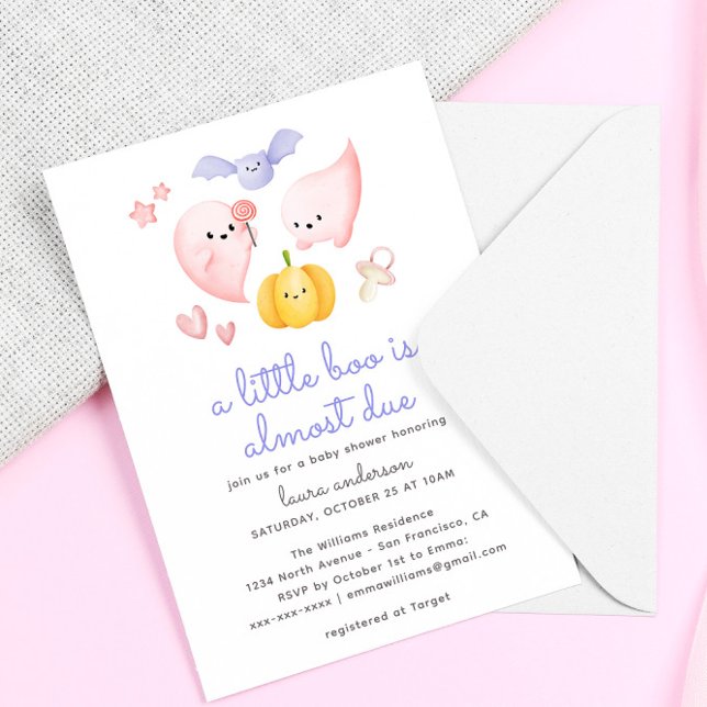 Invitación Halloween rosa un pequeño boom casi debido a Baby  (a little boo is almost due cute pink halloween baby shower invitation)