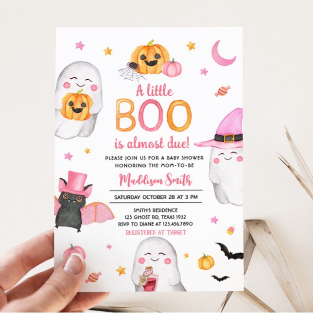 Invitación Halloween rosa un poco fantasma Baby Shower (Pink A Little Boo Ghost Baby Shower Invitation)