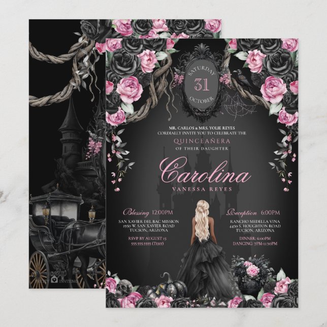 Invitación Halloween rosa y negro de la princesa gótica Quinc (Anverso / Reverso)