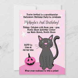 Invitación Halloween rosado negro gato calabaza blando rosa