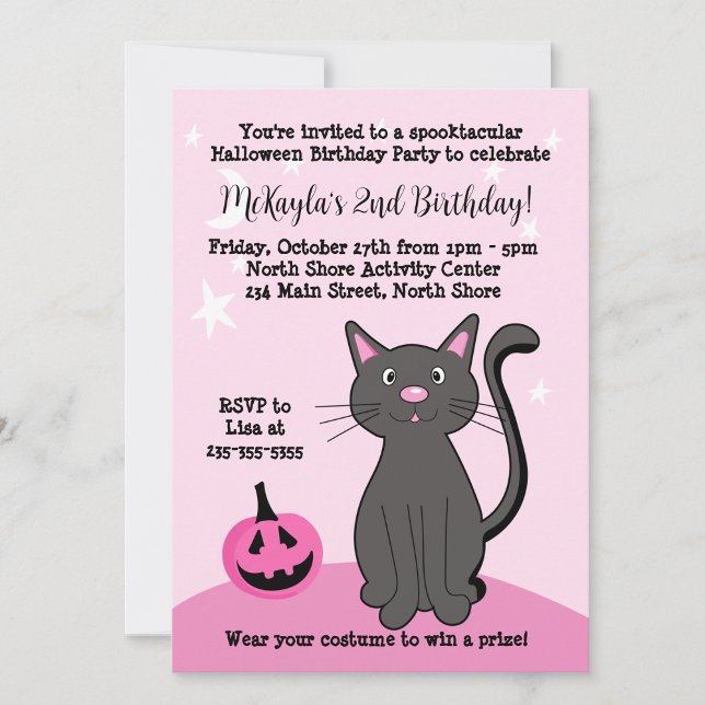 Invitación Halloween rosado negro gato calabaza blando rosa (Subido por el creador)