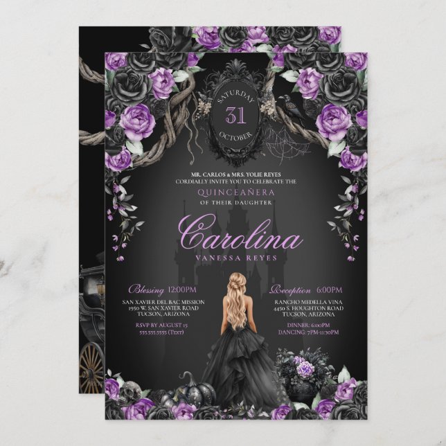 Invitación Halloween Rosas negros morada princesa Quinceañera (Anverso / Reverso)
