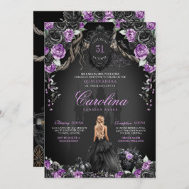 Invitación Halloween Rosas negros morada princesa Quinceañera