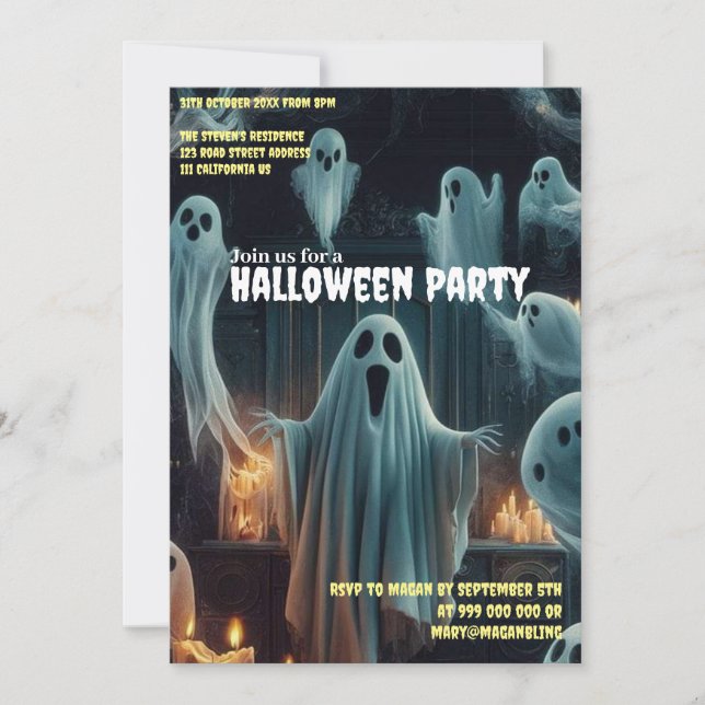 Invitación Halloween se reúne de manera fantasmal, casa embru (Anverso)