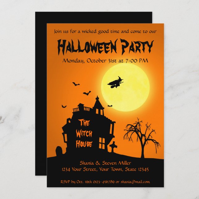 Invitación Halloween Silhouette Witch atormentó a Fiesta de l (Anverso / Reverso)