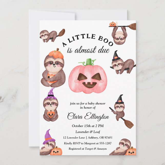 Invitación Halloween Sloth Primera ducha de bebé de Halloween (Anverso)