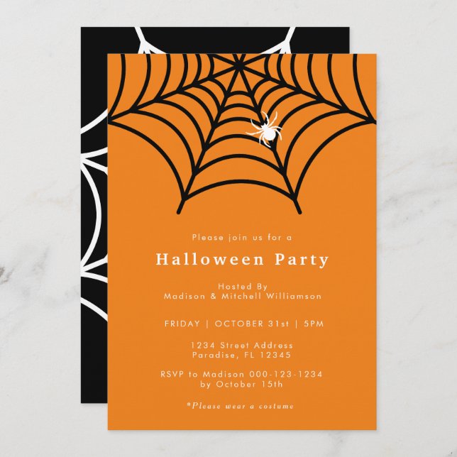 Invitación Halloween Spider Web Spooky Fiesta Naranja moderno (Anverso / Reverso)