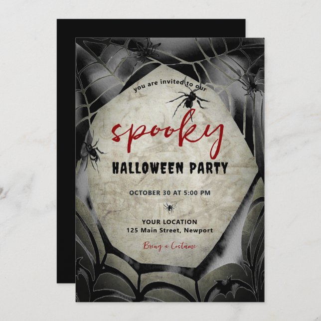 Invitación Halloween Spookeen Fiesta Spider Spiderweb Black R (Anverso / Reverso)