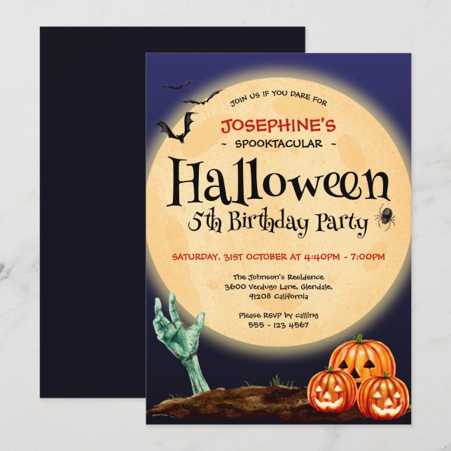 Invitación Halloween Spooktacular 5ª fiesta de cumpleaños (Anverso / Reverso)