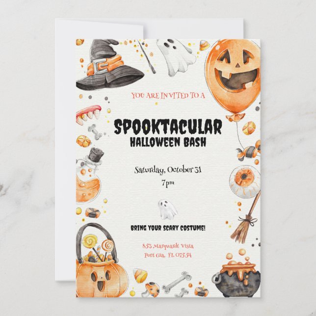 Invitación Halloween 'Spooktacular' de acuarela caprichosa (Anverso)