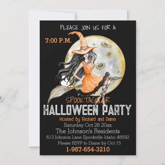 Invitación Halloween Spooktacular de luna llena y bruja (Anverso)