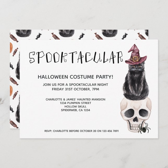 Invitación Halloween Spooktacular Gato Negro En Un Cráneo (Anverso / Reverso)