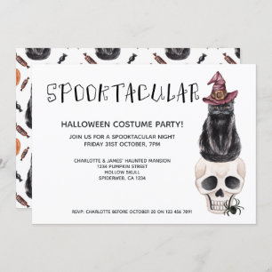 Invitación Halloween Spooktacular Gato Negro En Un Cráneo