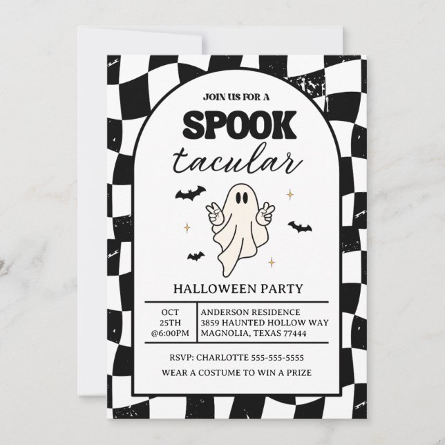 Invitación Halloween Spooktacular Retro de tablero de ajedrez (Anverso)