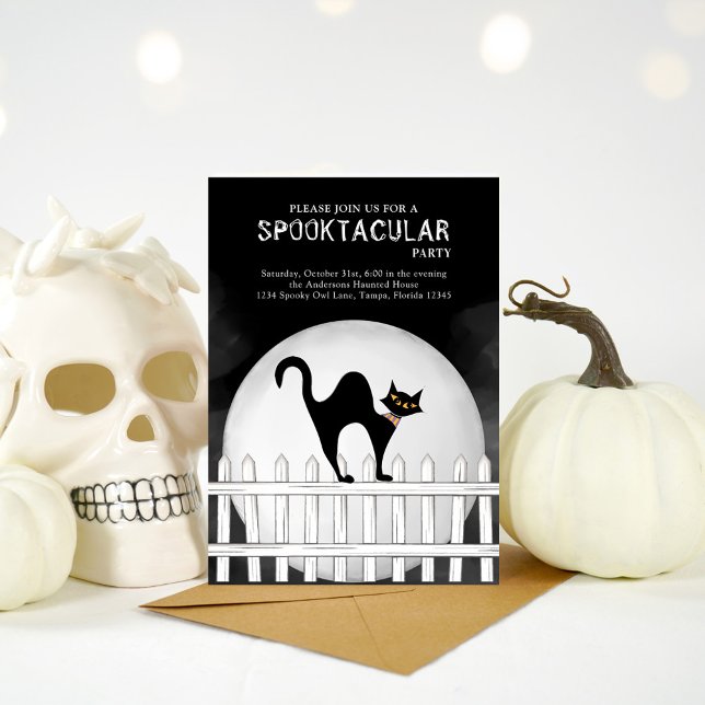 Invitación Halloween Spooktacular Spookular Spookular Black C (Halloween spooktacular invitation with whimsical black cat. )