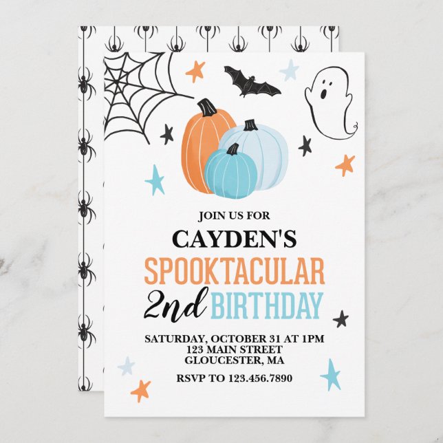 Invitación Halloween Spooktacular turquesa naranja Cumpleaños (Anverso / Reverso)