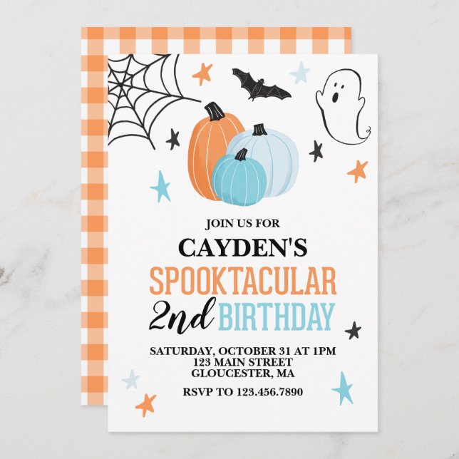 Invitación Halloween Spooktacular turquesa naranja Cumpleaños (Anverso / Reverso)