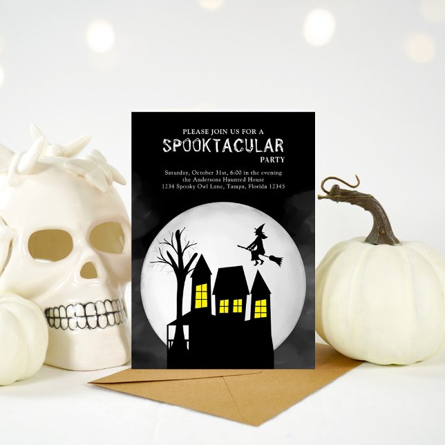 Invitación Halloween Spooktacular Witch Haunty House (Halloween spooktacular invitation with haunted house ans flying witch. )