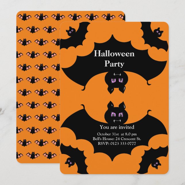 Invitación Halloween Spooky Bats sobre Naranja (Anverso / Reverso)