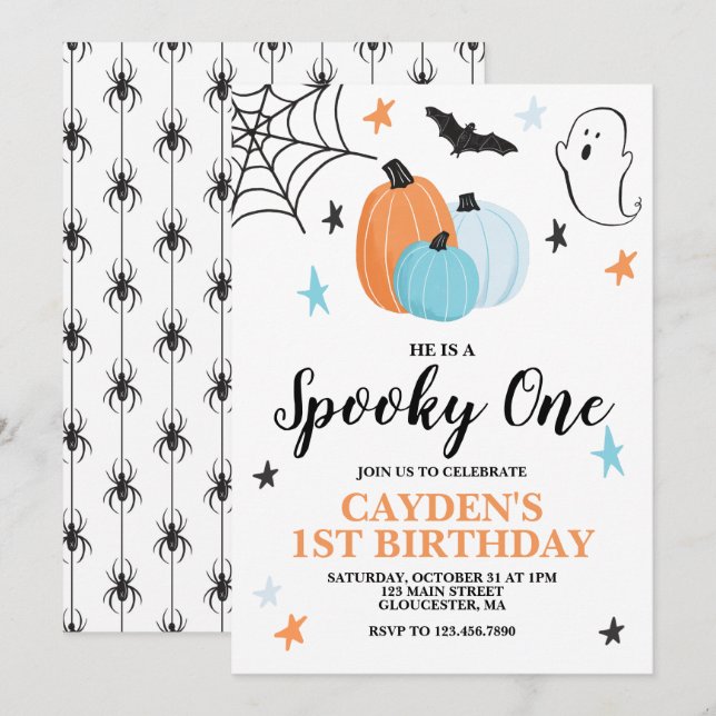 Invitación Halloween Spooky One Birthday Blue Pumpkins (Anverso / Reverso)