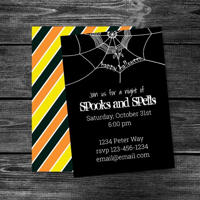 Invitación Halloween Spooky Scary Spider Web Whimsical (Spooks and Spells Halloween party design with spider web and spooky black background.)