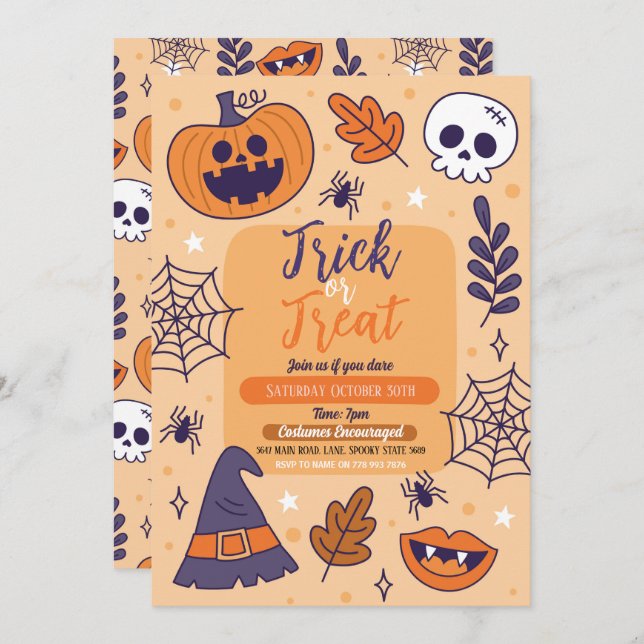 Invitación Halloween Spooky Trick o Trek Fiestas Calabazas (Anverso / Reverso)