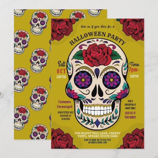 Invitación Halloween Sugar Skull Fiestas góticos Rosas horror (Anverso / Reverso)