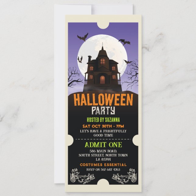 Invitación Halloween Ticket obsesionó al Fiesta de la casa co (Anverso)
