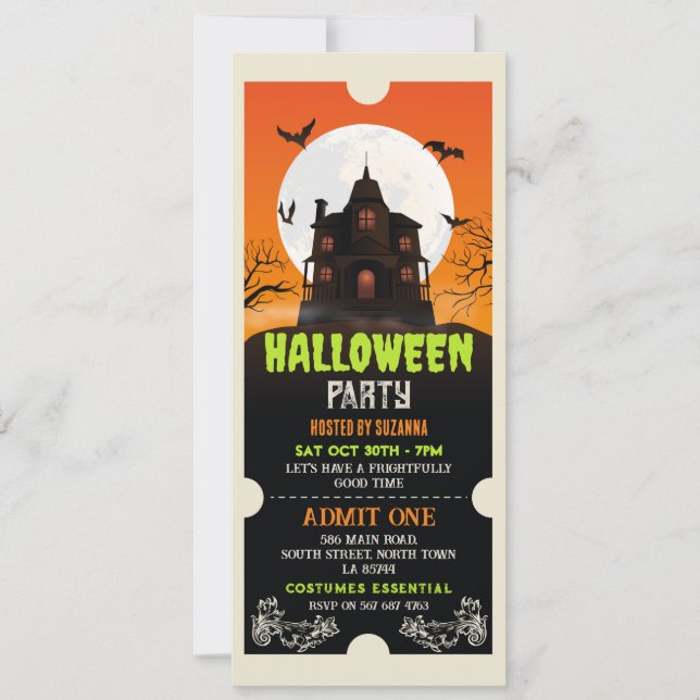Invitación Halloween Ticket obsesionó al Fiesta de la casa co (Anverso)