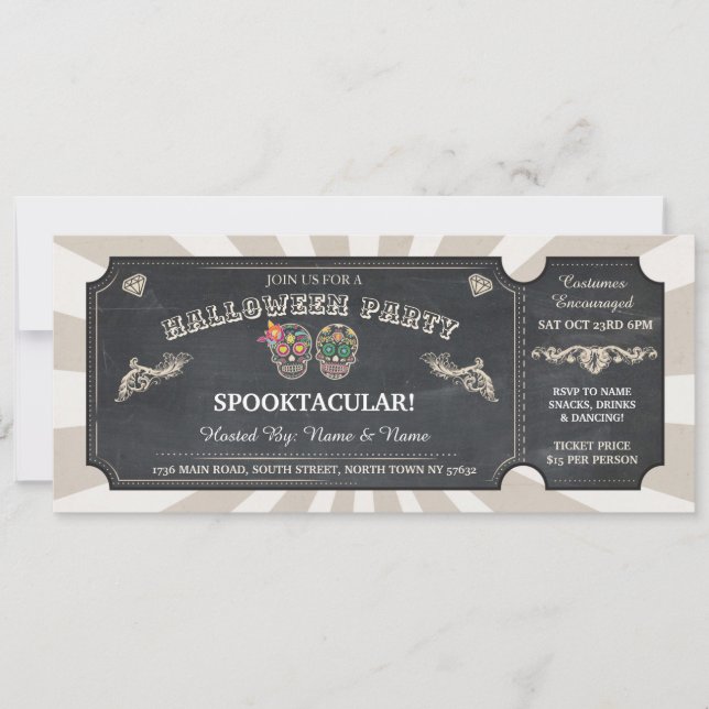 Invitación Halloween Ticket Sugar Skulls Fiesta Spooky evento (Anverso)