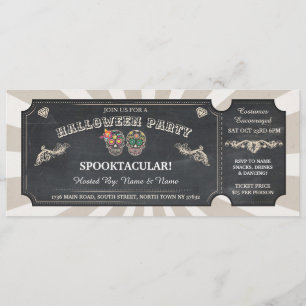 Invitación Halloween Ticket Sugar Skulls Fiesta Spooky evento