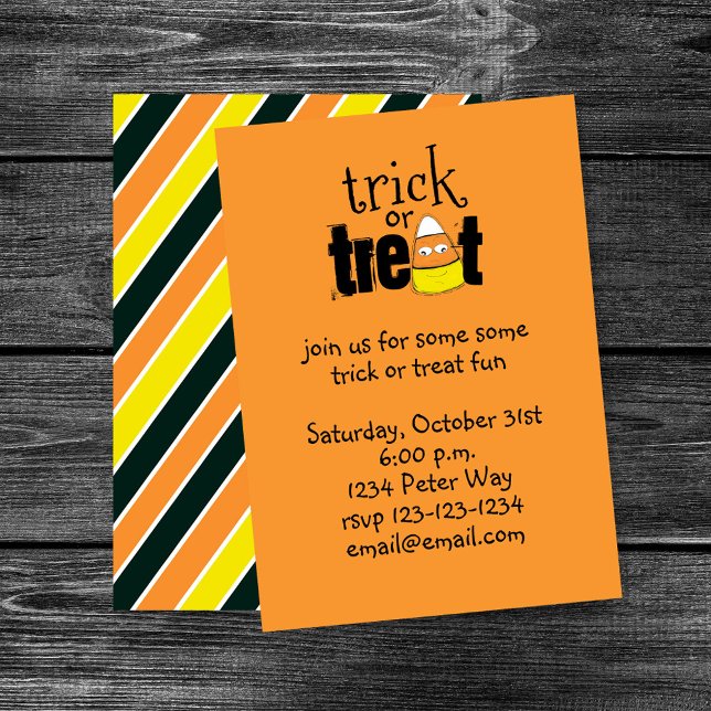Invitación Halloween Trick de maíz dulce o truco divertido (Cute candy corn Halloween party design with bright orange background and playful style.)