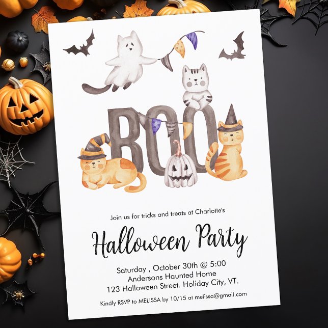 Invitación Halloween, un niño adorable, gatitos animan a Fies (Subido por el creador)