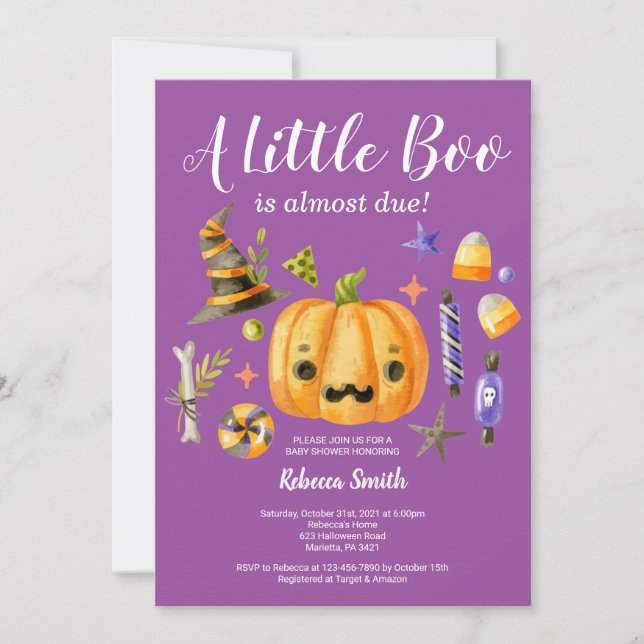 Invitación Halloween Un Pequeño Bompkin Baby Shower Purple (Anverso)