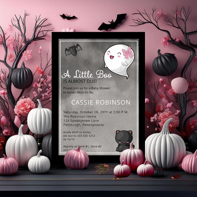 Invitación Halloween Un pequeño fantasma Chica Baby Shower In (Cute "A Little Boo Is Almost Due" Girl Baby Shower Coquette Ghost Kawaii Baby Shower Invitation)