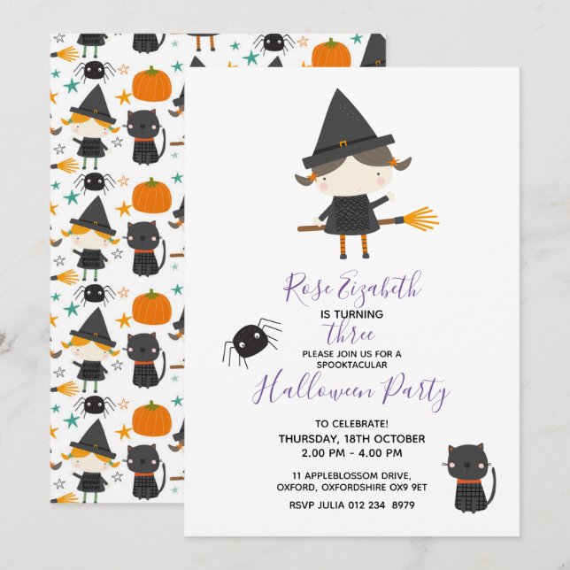 Invitación Halloween, una bruja super linda (Anverso / Reverso)
