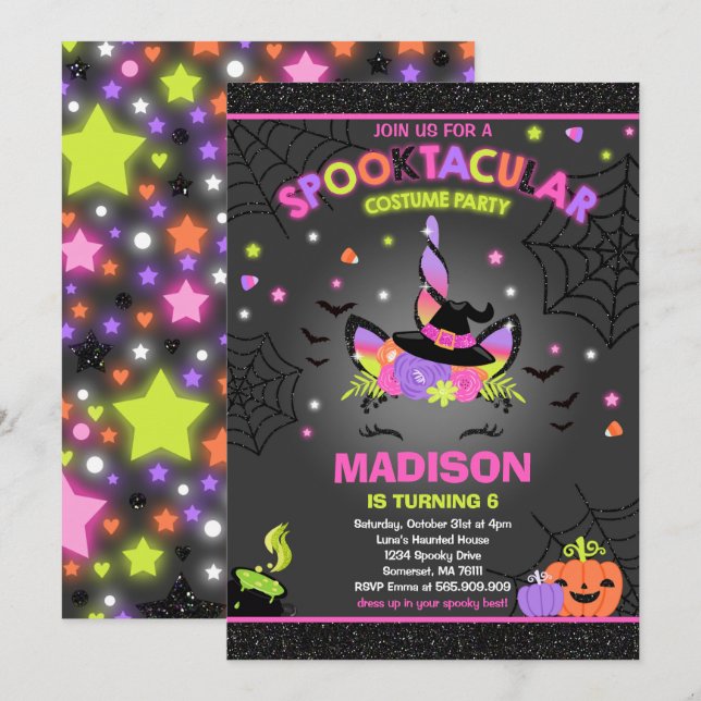 Invitación Halloween Unicornio cumpleaños invita a fiesta de  (Anverso / Reverso)