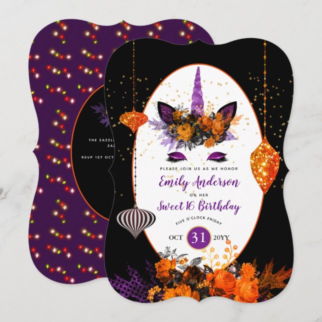 Invitación Halloween Unicornio Face Birday Purple Naranja Gol (Anverso / Reverso)