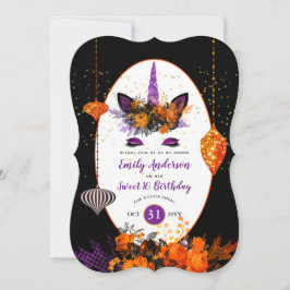 Invitación Halloween Unicornio Face Birday Purple Naranja Gol