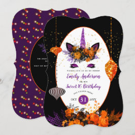 Invitación Halloween Unicornio Face Birday Purple Naranja Gol