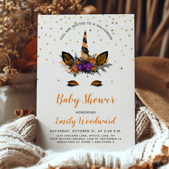 Invitación Halloween Unicornio Naranja Baby Shower negro (Subido por el creador)