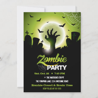 Invitación Halloween verde en el cementerio zombi