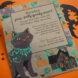 Invitación Halloween verde neutro de rúsculo gato negro capri