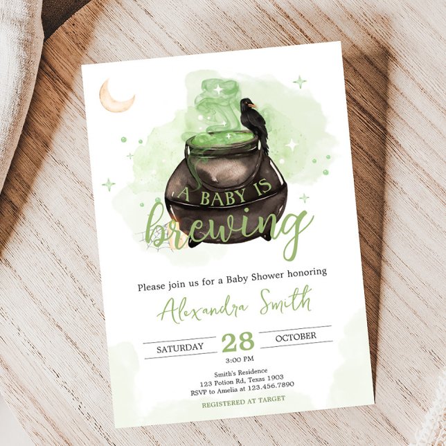 Invitación Halloween verde: Un bebé se prepara Baby Shower (Green A Baby is Brewing Halloween Baby Shower Invitation)