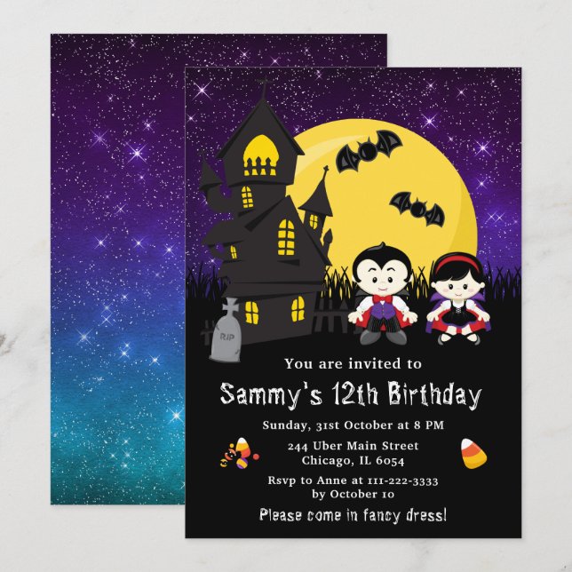 Invitación Halloween Vestido de Aniversario Vampiros Púrpura (Anverso / Reverso)