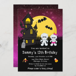 Invitación Halloween Vestido Fancy Cumpleaños Mummy Pink