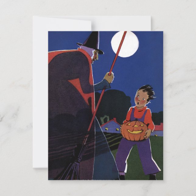 Invitación Halloween vintage, bruja escalofriante con niño (Anverso)
